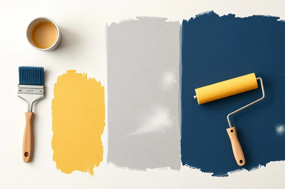 Outils de peinture disposés dans l'ordre des étapes du chantier
