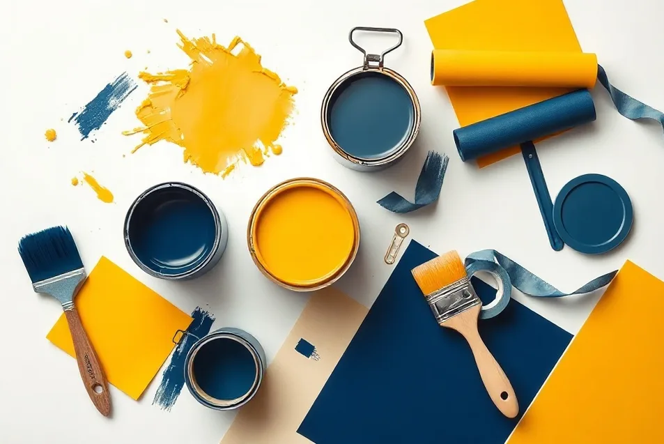 Pots de peinture, nuancier, brosses et rouleaux disposés à plat