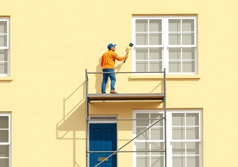 Peintre sur échafaudage traitant la façade d'une maison