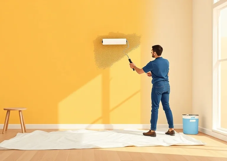 Peintre appliquant la peinture au rouleau sur un mur de salon